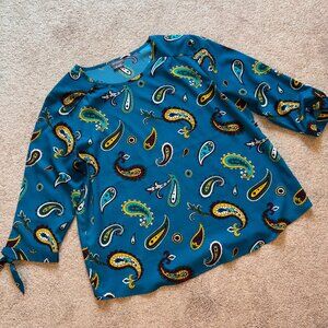 Van Heusen Teal Paisley Long Sleeve Tie Sleeve Blouse XL